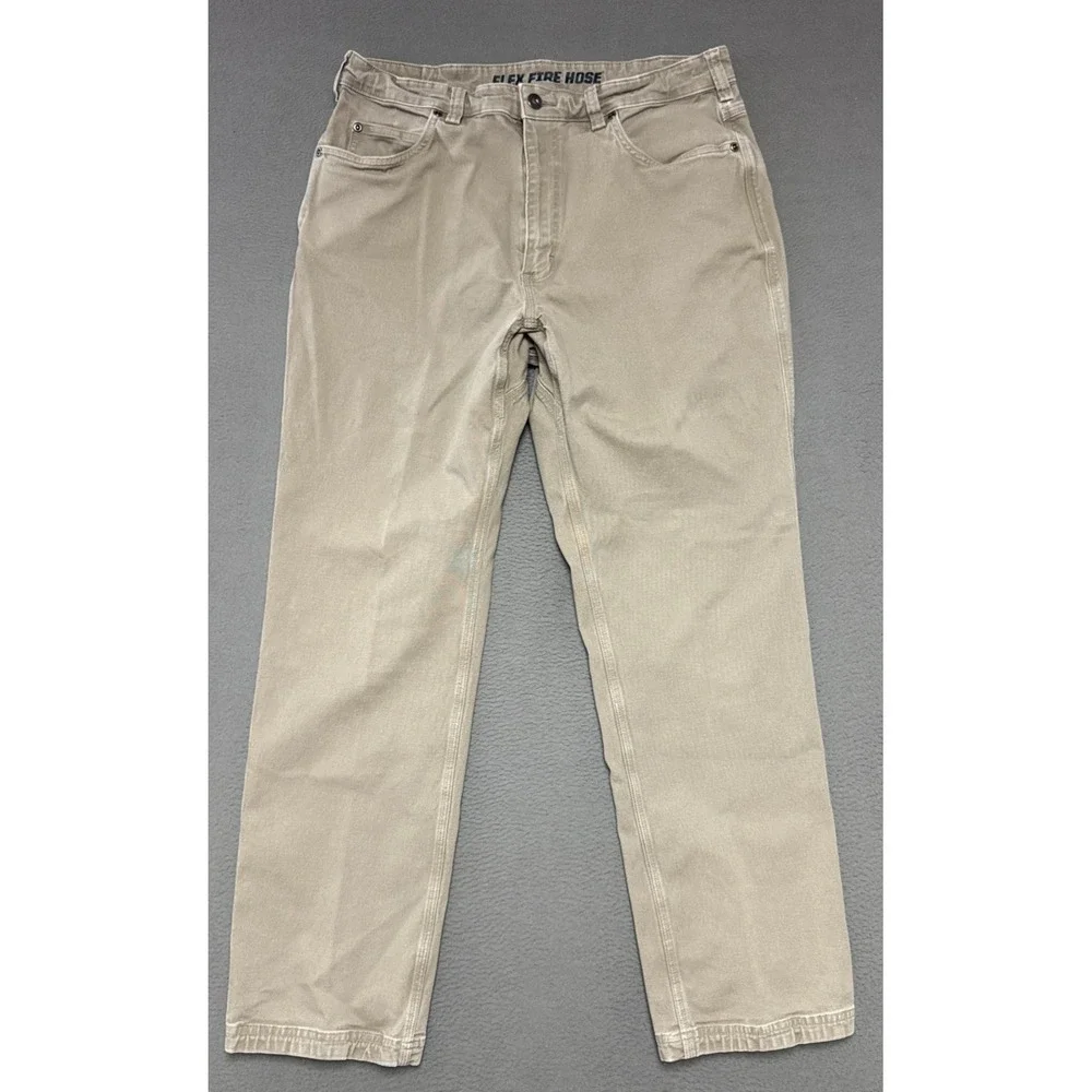 Duluth Flex Fire Hose Relaxed Fit 5 Pocket Pants Men 36x32 (32x30) Khaki Stretch
